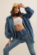 0662 Denim Balon Kollu Kot Ceket - Mavi resmi